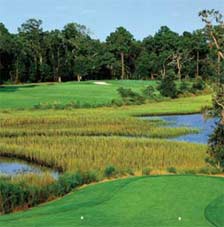 picture of a golf green across a marshy area in The Plantation At Stono Ferry's The Links at Stono Ferry golf course
